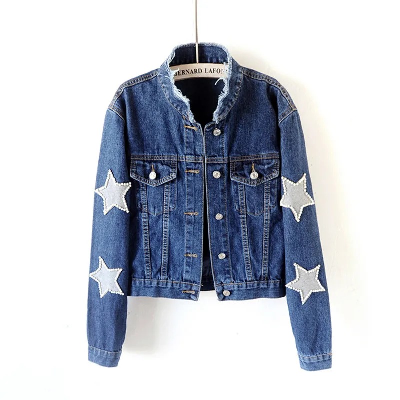 Günstig Frühling Mode Perle Denim Jacke Frauen Vintage Plus Größe Perlen Stern Kurzen Jean Jacken Harajuku Langarm Damen Mantel Frauen