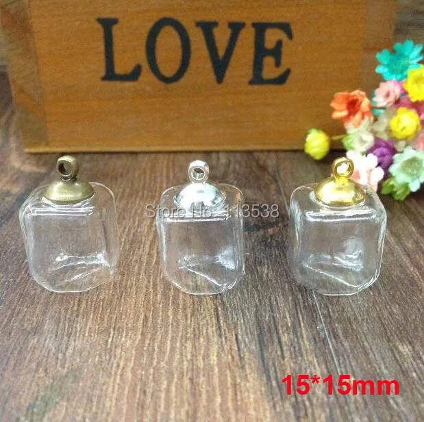 

100sets/lot 15*15mm square cube glass globe cover with 8mm silver/bronze/gold metal cap empty vial pendant diy jewelry findings