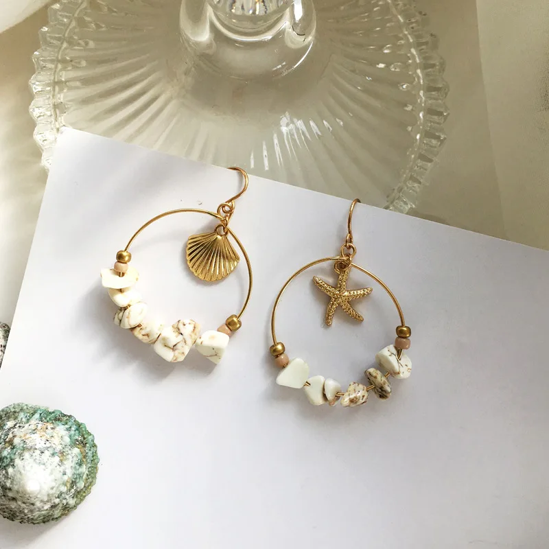 

Vintage Gold Alloy Sea Shell Sterfhish Dangle Errings For Women Round Circle With Stone Beads Earrings Summer Jewelry
