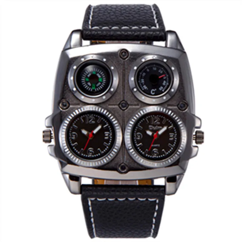  OULM 1140 Mens Dual Time Zone Military Watch with Compass Thermometer Big Rectangular Leather Casua
