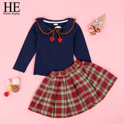 HE Hello Enjoy/Одежда для девочек, осенние детские комплекты в китайском консервативном стиле, пуловер с длинными рукавами и бантом + клетчатая
