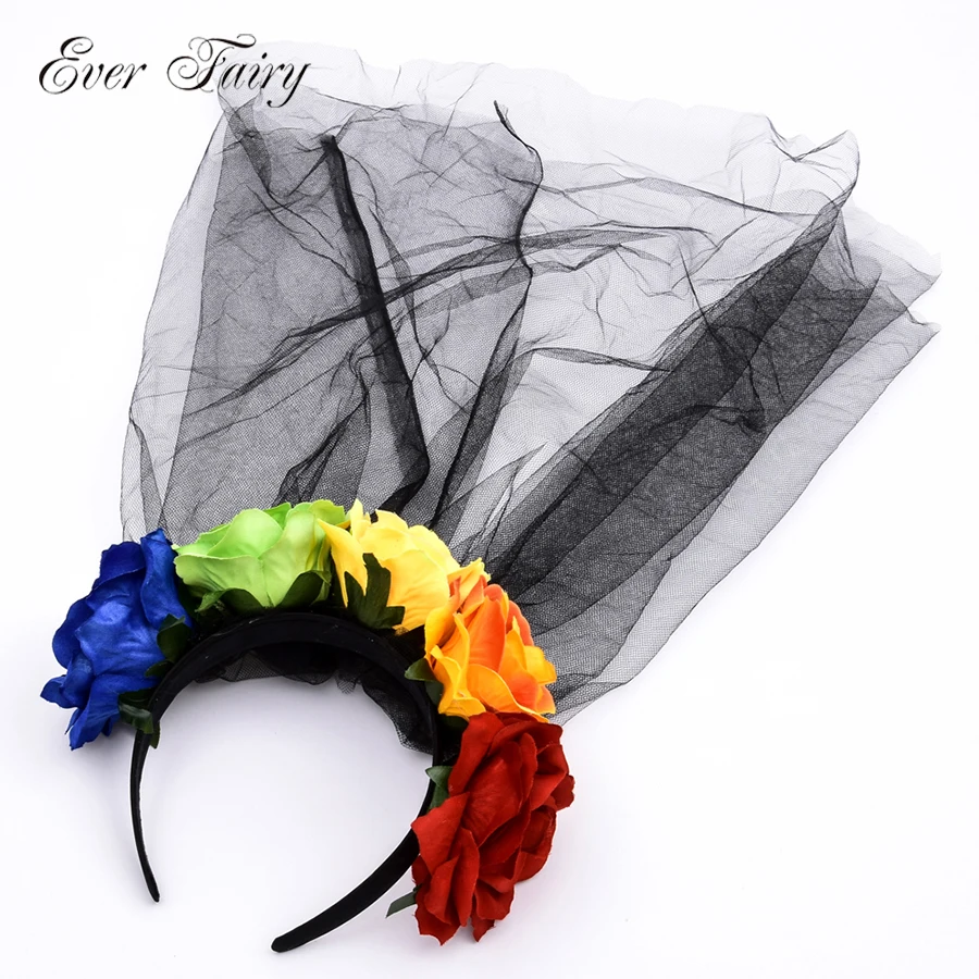 

EVER FAIRY Novelty Bridal Rose Flower Hairband Veil Floral Crown Hair Accessories Rainbow Flowers Headband Black Lace Headwear