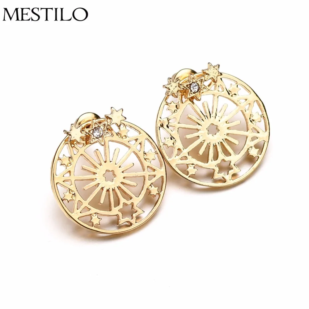 

MESTILO Trendy Gold Round Circle Snowflake Three Small Rhinestone Star Stud Earrings For Women Fashion Statement Earrings Korean