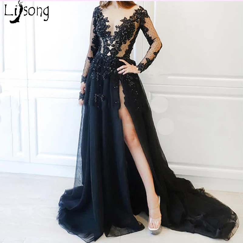

Black Appliques Sequin High Leg Split A-line Womens Sexy Prom Dresses Floor Length Vestido de noiva Custom Made Formal Maxi Gown