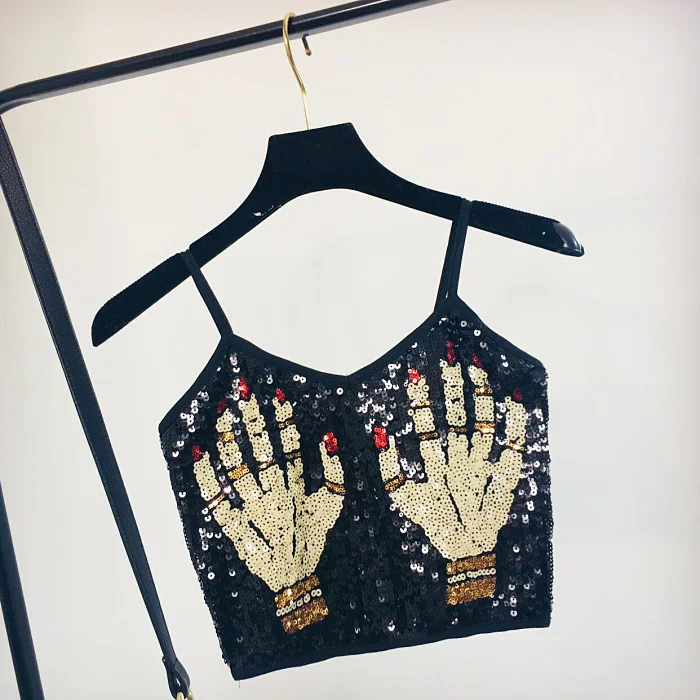 

2019 Spring and Summer Women's Hand Grip Sexy Embroidery Sequins Sling Camisole Girls Small Vest Night Club Short Tank Tops