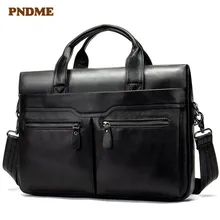 Special Offers PNDME vintage simple Men's genuine leather briefcase casual solid color first layer cowhide business bag laptop bag