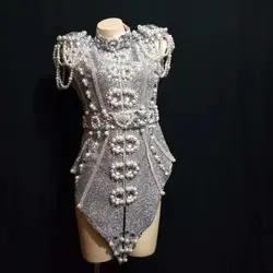Женские сексуальные сценические блестящие серебристо-серые жемчуг кристаллы наряд танцевальная одежда сцена для ночного клуба