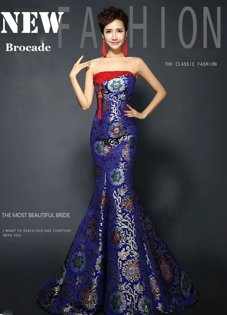 Tube top trailing royal blue fishtail cheongsam wedding dresses brocade long traditional chinese cheongsam wedding dresses (16)