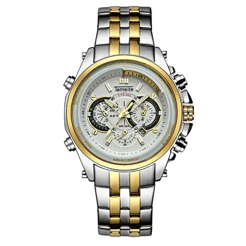 TEMEITE классические деловые часы Мужские Аналоговые кварцевые часы Отображение даты светящиеся стрелки Топ бренд класса люкс модные наручные часы - Цвет: GOLD WHITE
