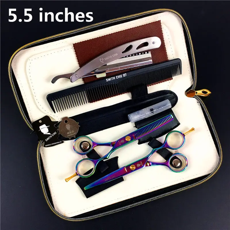 Набор Профессиональных Ножниц Для Волос SMITH CHU 5,5/6,0 дюйма, радужные прямые и филировочные ножницы, парикмахерские ножницы+ бритва+ расческа+ комплекты - Цвет: E