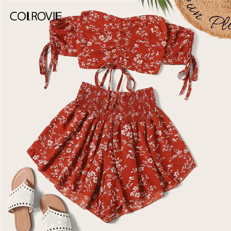 COLROVIE الأحمر كاليكو طباعة الرباط العصابة المحاصيل أعلى مع السراويل بوهو اثنين قطعة مجموعة 2019 الصيف عطلة النساء 2 قطعة الزي