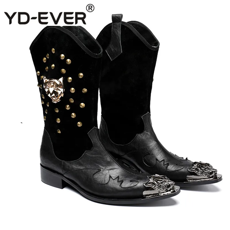 

Genuine Leather Winter England-style Mid-calf Boots Metal Rivets Skull Studded Retro Punk Combat Boots Black Casual Shoes Men's