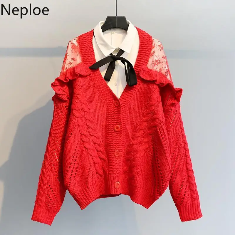

Neploe Knitted Cardigan Women Sweater Lace Hollow Out Patchwork Cardigans Loose Plus Size Sweaters Pull Femme Twist Sueter Mujer