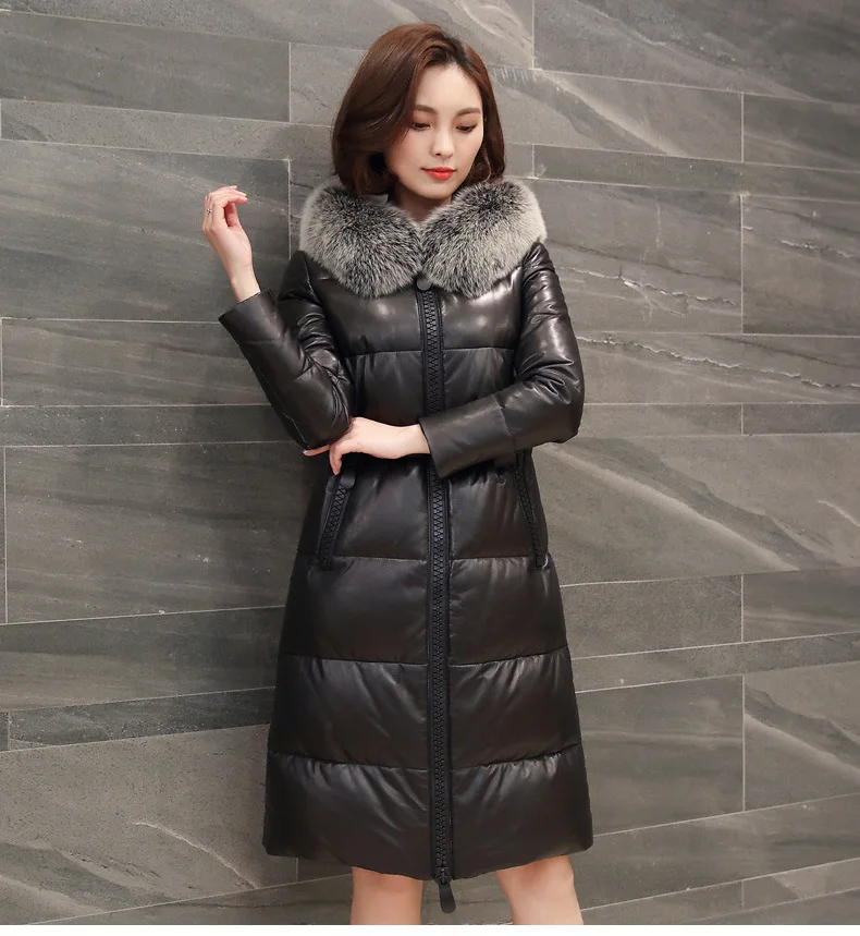 Женская куртка из натуральной кожи, длинный Зимний пуховик с капюшоном, Воротник из натурального Лисьего меха, корейское пальто из овчины для женщин 7001 KJ2504