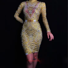 Блестящие золотые стразы жемчуг Длинные рукава платье бар вечерние платье для танцев для женщин певица одежда день рождения Празднование наряд платье