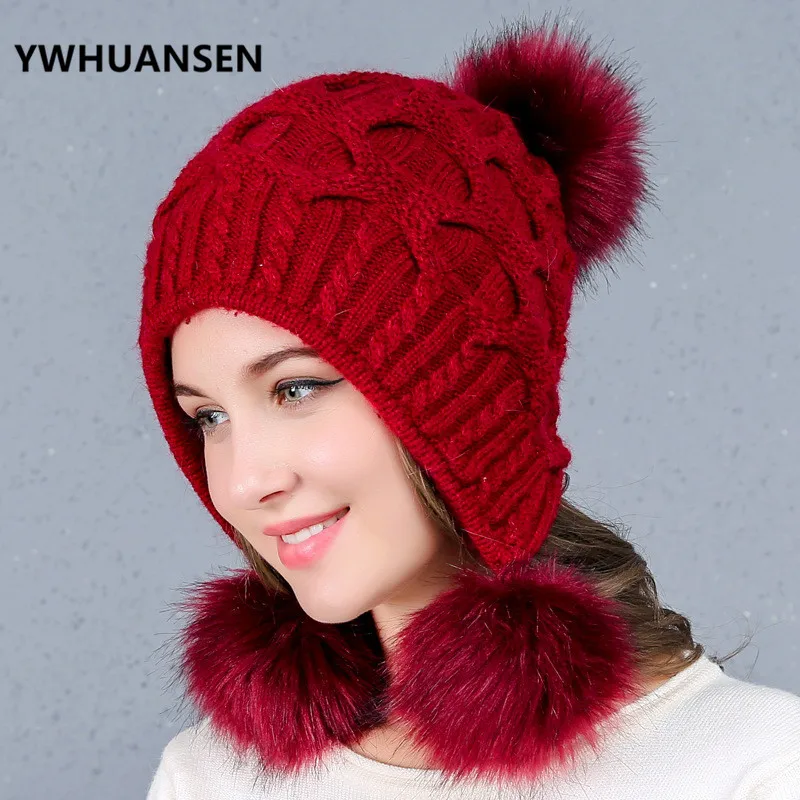 YWHUANSEN Толстая Женская зимняя шапка для взрослых искусственный помпон из меха