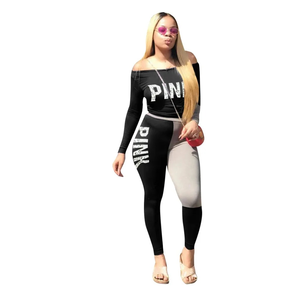 

2018 Autumn Winter women casual tracksuit pink letter print Top + Full Pants 2pcs sets casual Lady's outfits Overalls H1056