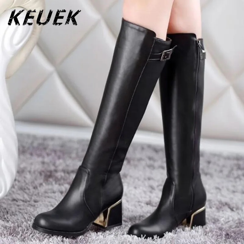 

2016 Autumn Winter Warm Large size Shoes Women Boots Martin Square Heel Zip High Leg Boots Soft Leather Knee-High Botas Mujer 01