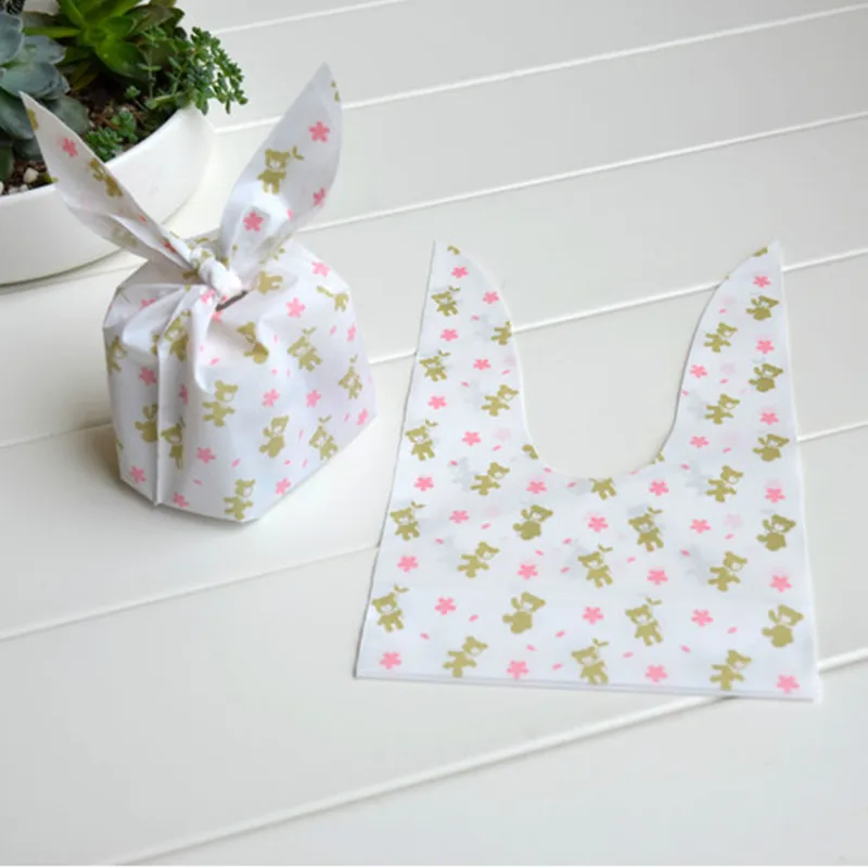 

50pcs Pink Leaf Mini Bear rabbit ear cookie bags plastic candy Biscuit Packaging Bag Wedding Candy Gift Bags party decorations