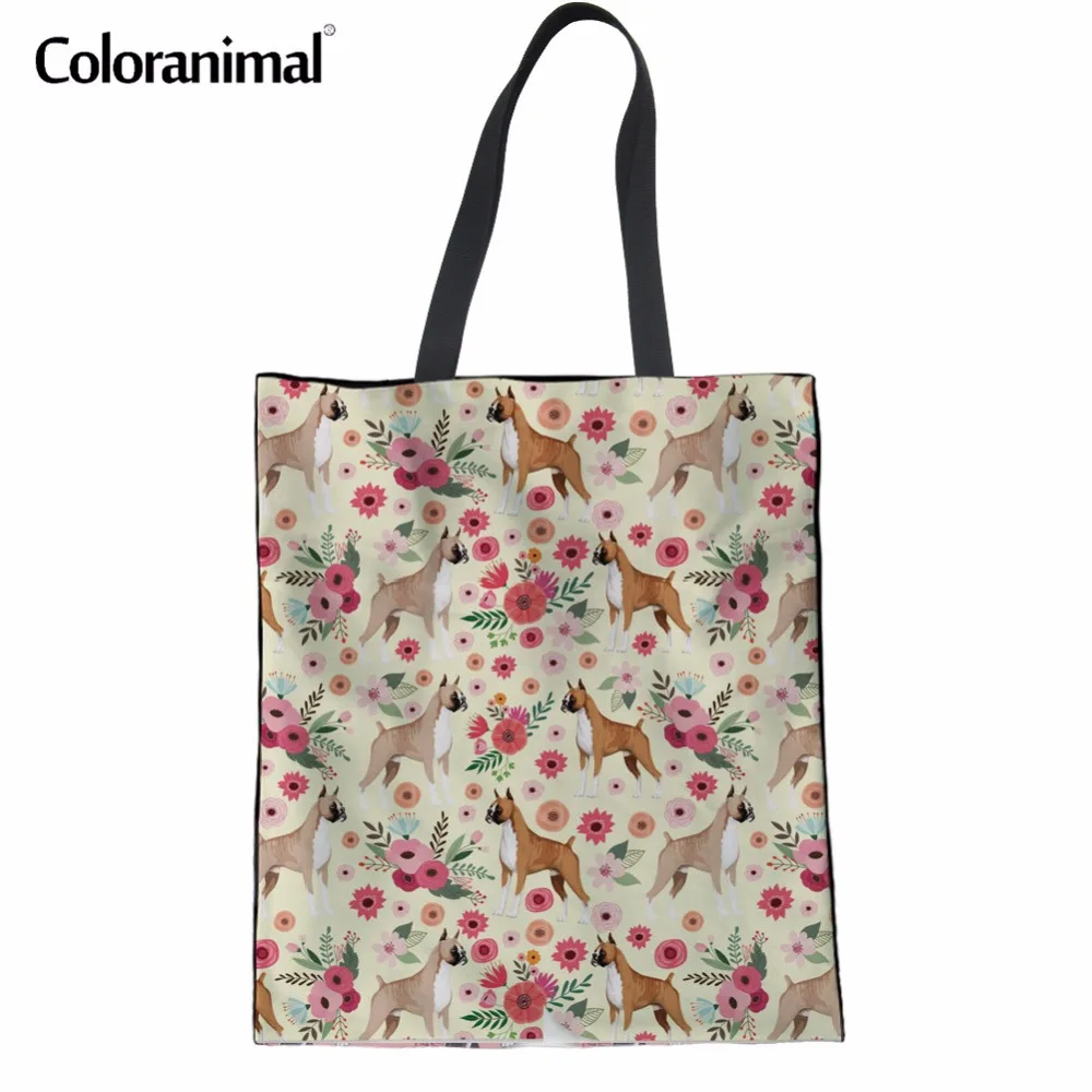 

Coloranimal 2018 Canvas Handbag Boxer Flower Pattern Women Designer Shopping Bags Famous Hand Linen Bag Mujer Bolsa Shoulder Bag