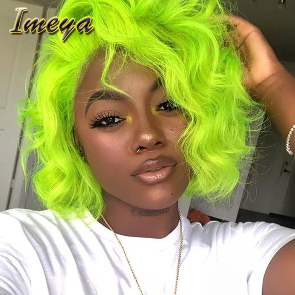 

Imeya 150% Density Short Bob Wavy Hair Synthetic Glueless Lace Front Wigs Half Hand Tied Fluorescent Green Cosplay Summer Wigs