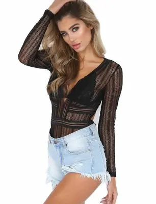 

2019 hot selling Spring new sexy lace jumpsuit shirts women's clothing V-neck T-shirts 7 colors