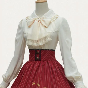 

Japanese Sweet Lolita Blouse Bow Black White Beige Women Shirts Turn-Down Collar Lace Lantern Sleeve Blouse
