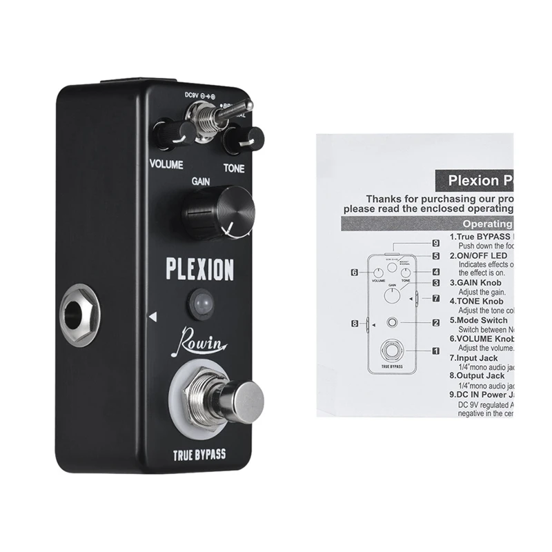 Rowin Plexion Distortion Pedal for Guitar and Bass with Bright and Normal Mode True Bypass