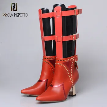 

Prova Perfetto New Style Super Cool Rivet Point Toe Woman Shoes Buckle Hollow Out Women Long Boots Real Leather High Heel Boots
