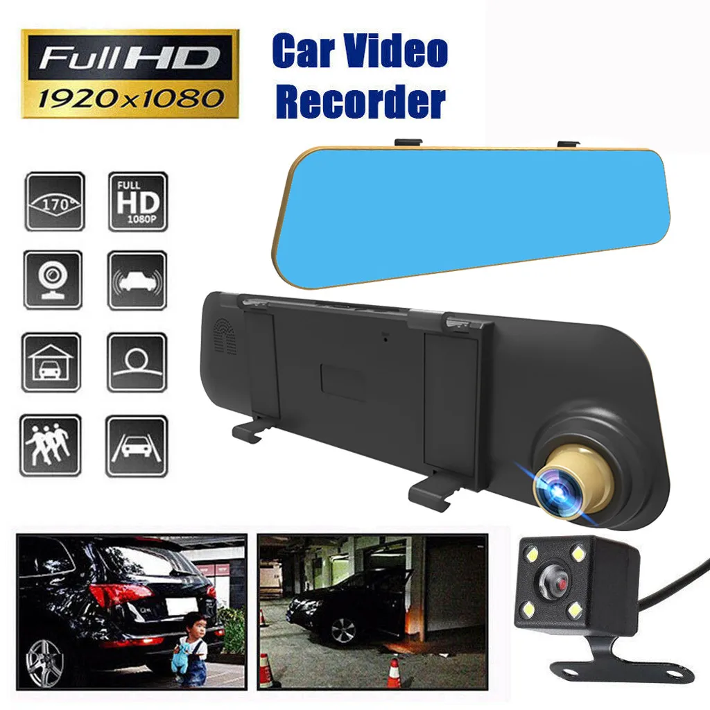 

NEW Universal 4.3'' HD Dual Lens Car DVR Dash Cam Front and Rear Mirror Camera Video Recorder 1080p 170 front camera