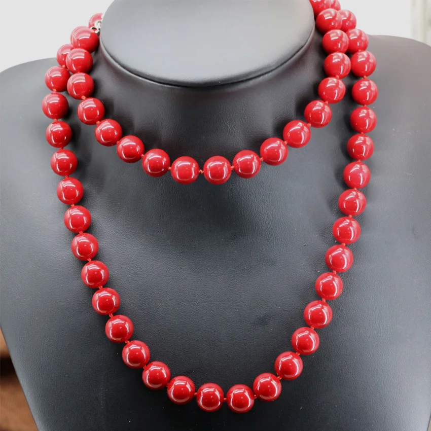 Bohemia 12mm red artificial coral round beads chain necklace long chain ...