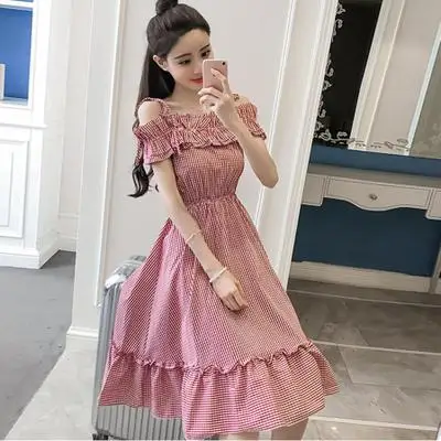 

Dress summer new 2018 women's Korean version of the word collar off the shoulder plaid ruffled waist belt skirt