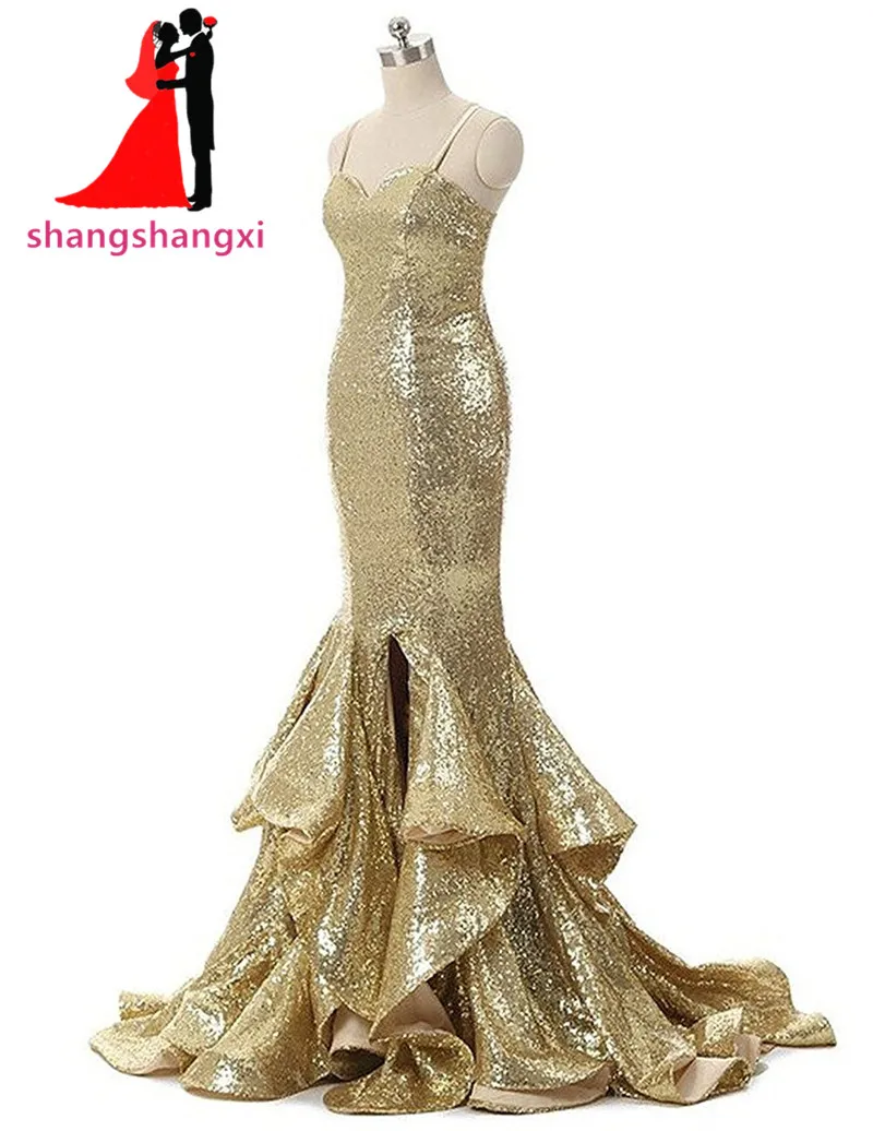 Sparkly Sequin Gold Mermaid Aftonklänningar Spaghetti Remsor Lång Foto 1