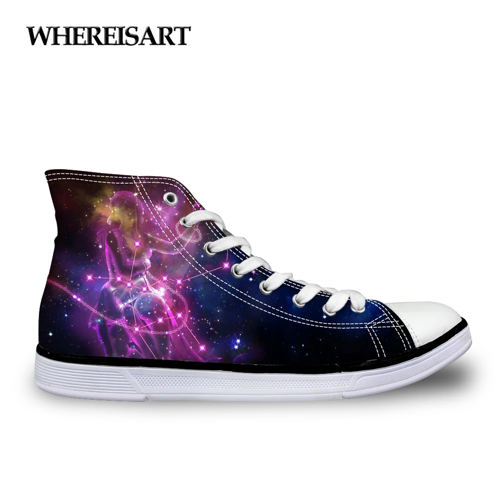 

WHEREISART 2019 Stylish Constellation Printed Women Classic Vulcanize Shoes High Top Flats Galaxy Canvas Shoes for Woman Shoes