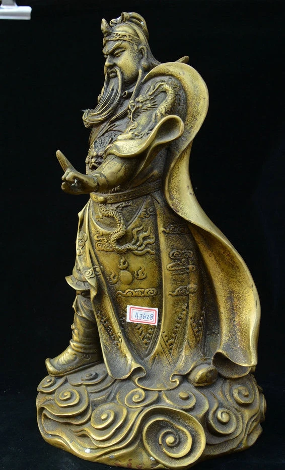 Старые китайские из чистой бронзы драконий халат Guan Gong Yu Yunchang Статуя Воина|Статуи