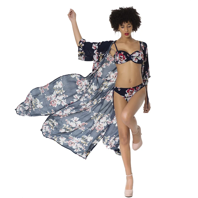 

2018 New Three Pieces Bikinis Sets Swimsuit Female Floral Print Chiffon Beach Cover Ups Summer Bikini Push Up Swimwear Swim Suit