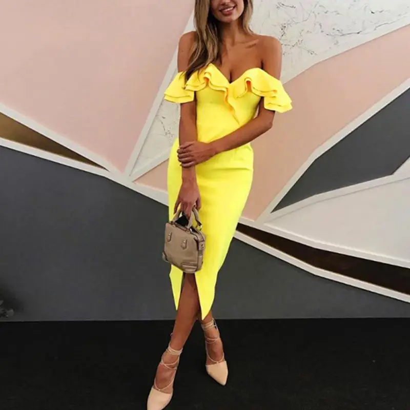 

Sexy Off Shoulder Ruffle Bodycon Dress Slim Party Club Dresses Women Split high Waist Elegant Dresses