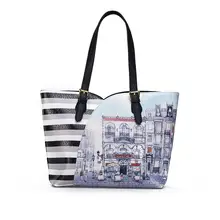Creative Printing Women Stylish Tote Bag Large Capacity Cartoon Striped Shoulder Bag Black Brown PU Ladies