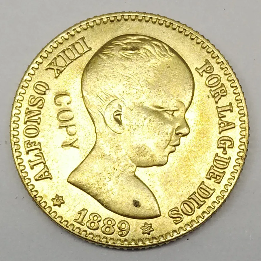 1889 испанская Золотая монета Alfonso XIII King Constl De 20 Pesetas Porlag of God Plated Brass копия подарочные монеты