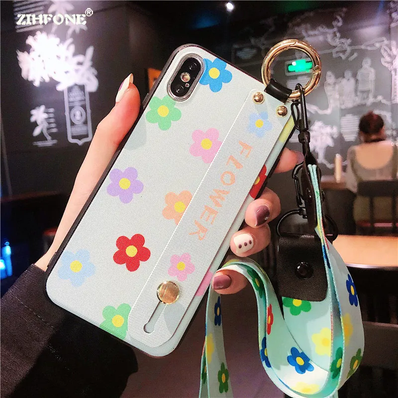 

ZIHFONE Wristband Xiaomi Redmi Note 5 Case Acrylic TPU Holder Cases Redmi Note 7 Back Cover Flower Lanyard Protector Phone Cases