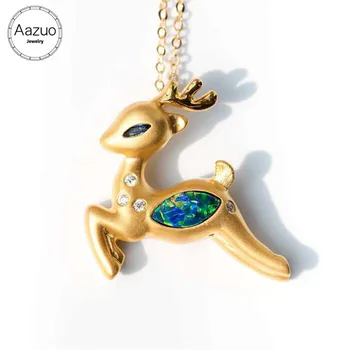 

Aazuo 18K Yellow Gold Natural Blue Opal Real Diamond Animal Deer Pendent With Chain Gifted for Women Valentine's Day Christmas
