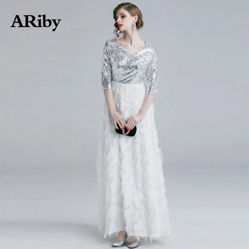 Women Dress Long Maxi Party White Dress 2019 Spring/Summer Lady Fashion Elegant Sequined+Tassel Patchwork V-Neck A-Line Dress