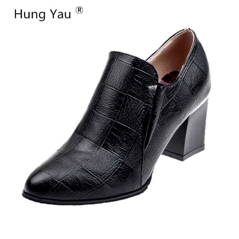 Ceny Hung Yau platforma Chunky Heel botki kobiety wiosna jesień moda botki kobieta Zip skórzane buty czarny brązowy rozmiar 34 39