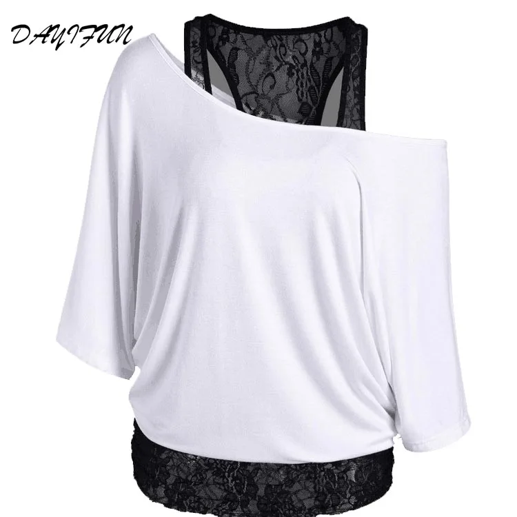 

DAYIFUN Spring Summer T-Shirts Women Loose Top Sexy Off Shoulder Irregular Sleeve Lace T Shirt Plus Size Tops 5XL 9948