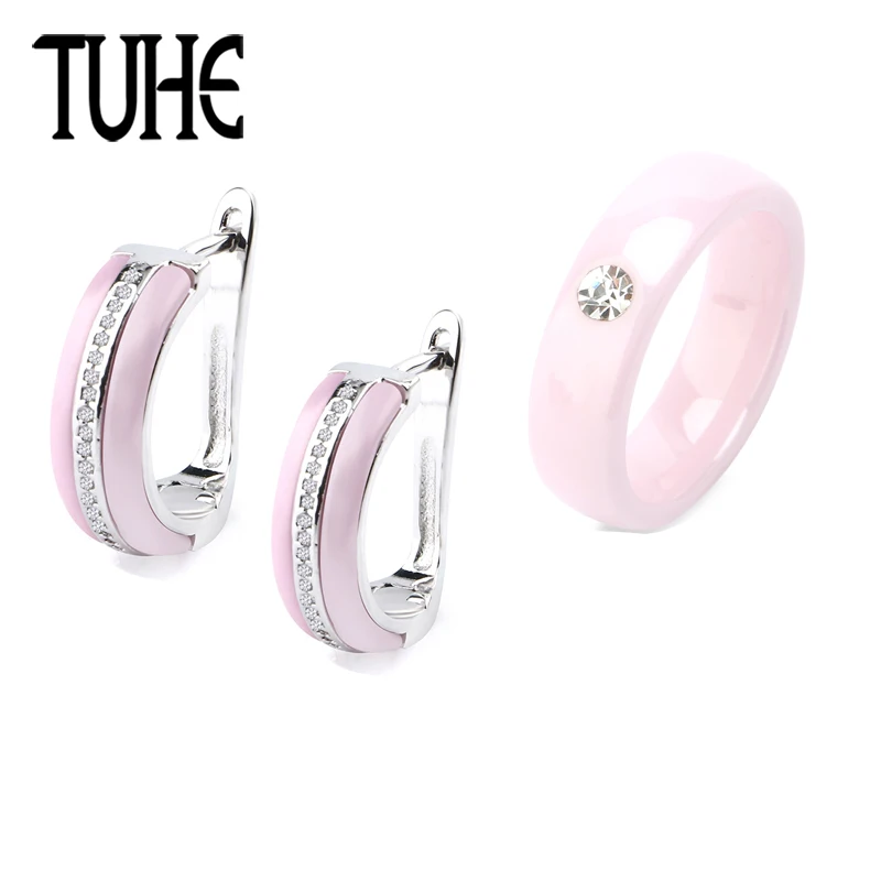 

Romantic Pink Ceramic Jewelry Set U Shaped Earrings And 6MM Ceramic Ring With Single Crystal For Women Fashion Christmas Gifts