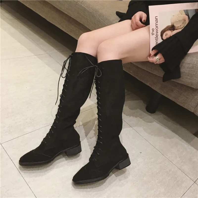 COOTELILI Fashion Knee High Boots For Women Rubber Shoes Women Lace-Up Brogue Boots Women 35-39 (2)