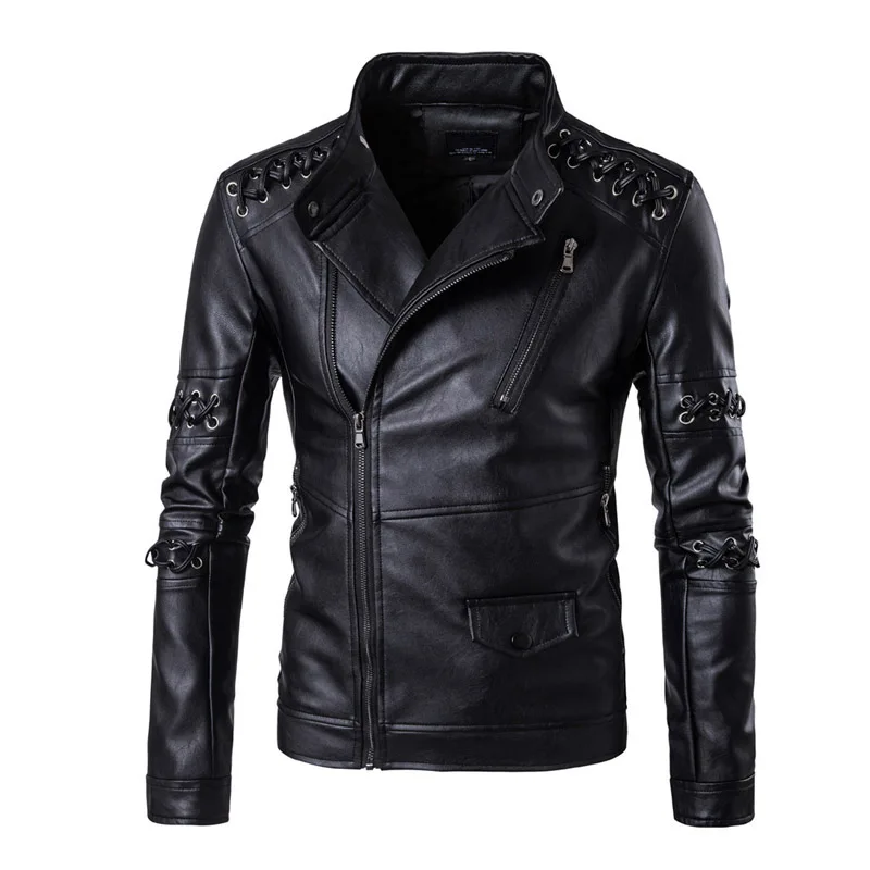 

Motorcycle Jacket PU Leather Men Vintage Retro Biker Punk Leather Coat Zippers Rope Lace Design Faux Jacket Fashion Size M-5XL