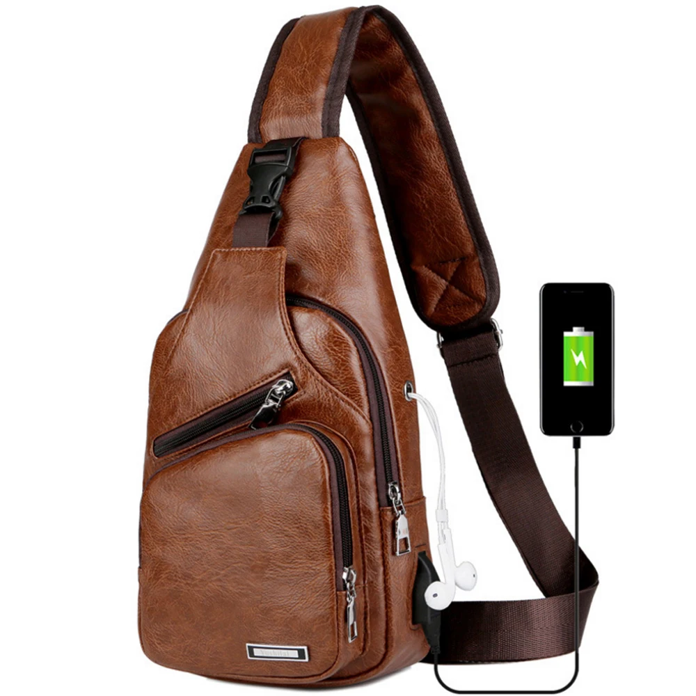 

Casual Men USB Charge Chest Bags Multi-function Waterproof PU Material Single Shoulder Bag Outdoor Travel Business Messenger Bag
