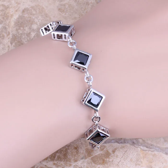 

Enchanting Black Cubic Zirconia 925 Sterling Silver Link Chain Bracelet 6.5 - 7.5 inch S0834