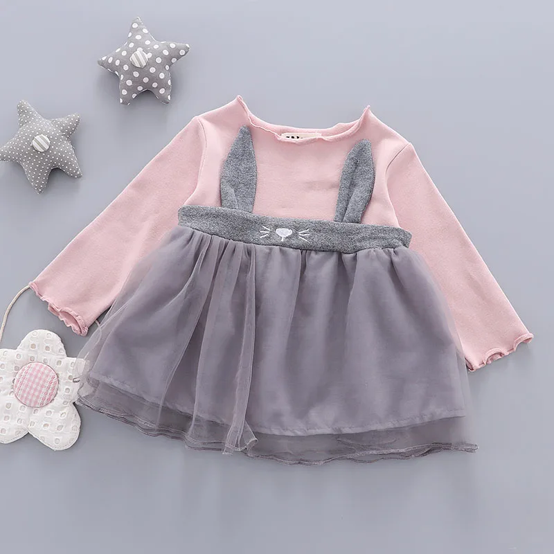 

Baby Dresses 2019 Spring autumn Baby Girls Dress cute cartoon pleated Princess Dress Mesh Patchwork Kids Clothing 0-3Years